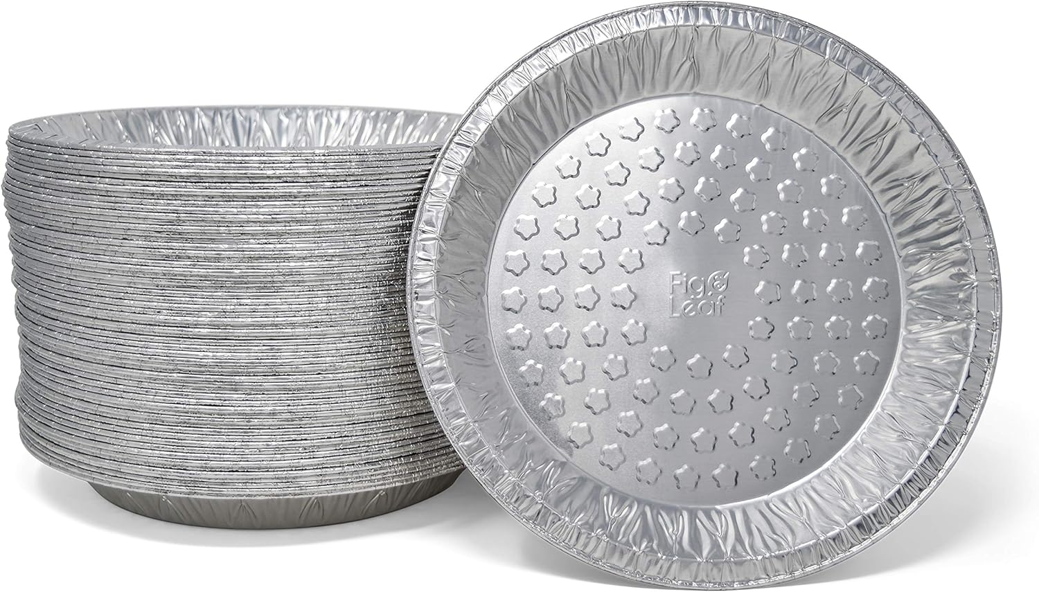 Fig Leaf aluminum pie pan showing silver finish and curled lip